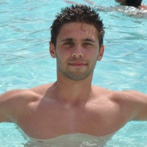 Guys swimming topless at the pool